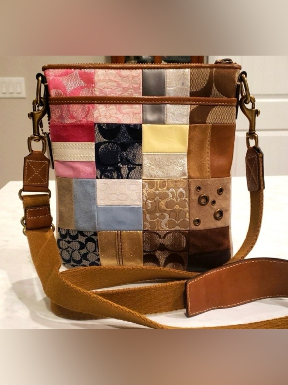 Coach Vintage Patchwork Crossbody Sling Bag in Pink, Yellow, Blue, Brown
